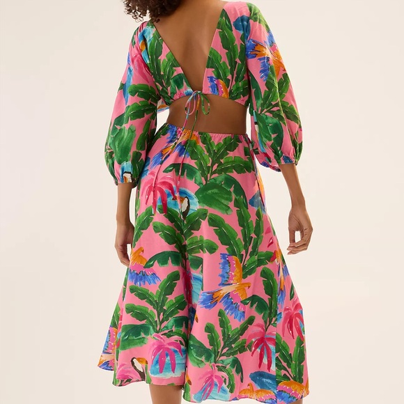 FARM Rio x Anthropologie Tropical Print V-Neck Cutout Midi Dress, NWT, Size M - Picture 2 of 6